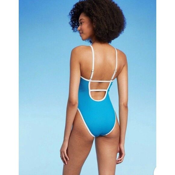Shade & Shore Contrast Binding Scoop One Piece Swimsuit Womens XL Blue - Picture 2 of 4